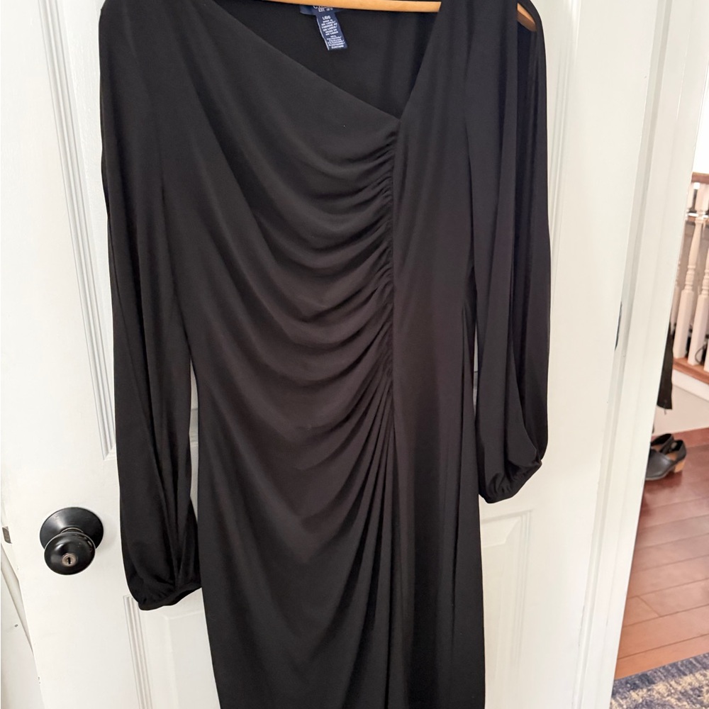 Chaps Black Long-Sleeve Ruched Draped Dress